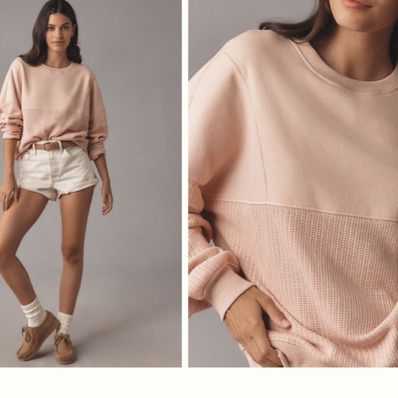 NWT Anthropologie Pilcro Mixed Rib Sweatshirt in Neutral Pink - Picture 6 of 14